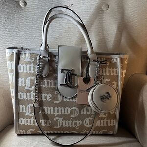 Juicy Couture Beige and White Logo Tote with shoulder straps and top handle